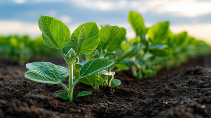 Soybean growth on a farm with green leaves in the background, illustrating sustainable agriculture and the progression of crop development, Generative AI