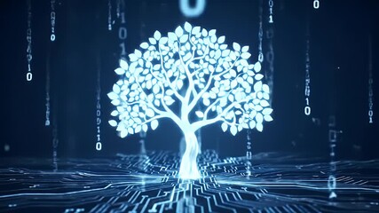 Futuristic digital tree growing from a glowing circuit board with falling binary data conceptualizing technology growth and information systems - Powered by Adobe