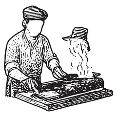 Vintage Black and White Chef Cooking on Grill Illustration