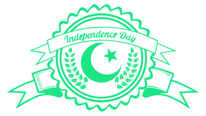Circular badge for Pakistan Independence Day with crescent, star, and laurel leaves. Green and white theme, clean vector style, no flag used. Ideal for stickers, web use.

