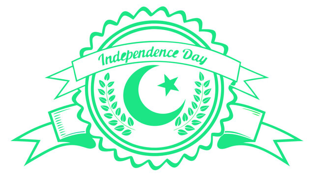Circular badge for Pakistan Independence Day with crescent, star, and laurel leaves. Green and white theme, clean vector style, no flag used. Ideal for stickers, web use.