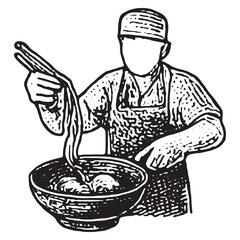 Vintage Black and White Chef Stirring Pot Illustration