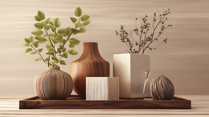 Still life home decor on a wooden table.