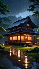 Obraz premium Tranquil Japanese house in rain