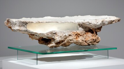 A white rock sculpture with a hollow center, displayed on a glass pedestal.