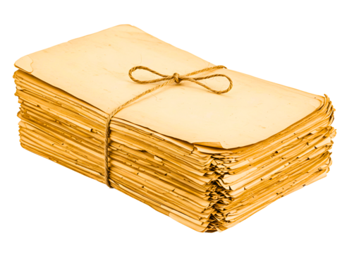 Stack of old paper tied with twine isolated on transparent background
