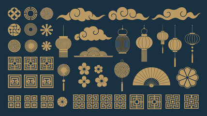 Chinese Oriental Decorative Elements – Gold Patterns, Lanterns, Floral Motifs, Clouds, and Traditional Asian Ornaments Vector Set for New Year and Festive Celebration Designs.

