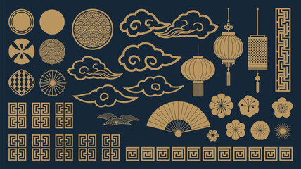 Asian New Year Vector Set – Traditional Chinese Gold Decorative Patterns, Lanterns, Flowers, Clouds, and Oriental Ornaments for Festive Holiday Illustrations and Cultural Design Projects.


