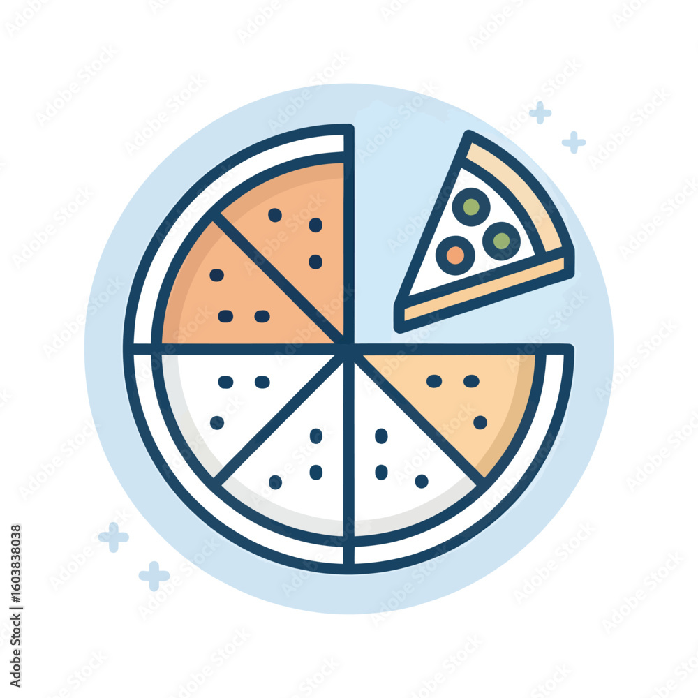 Poster pie chart icon with one slice removed and toppings