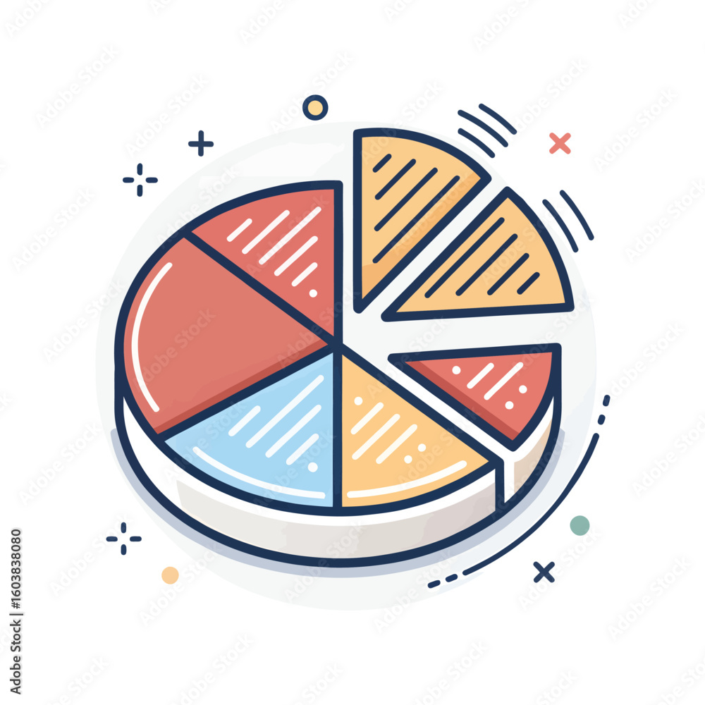 Poster colorful pie chart icon with data segments and graphic elements