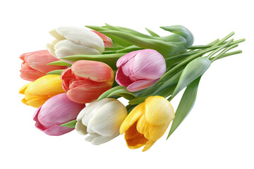 Close-up of a bouquet of colorful tulips.  Vibrant spring flowers in a mix of pinks, yellows, whites, and oranges.  Fresh petals and green foliage