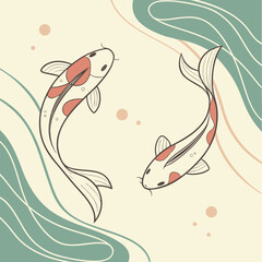 Two elegant koi fish swim gracefully in stylized water with abstract wavy patterns and soft circular accents creating a serene and minimalist aquatic scene