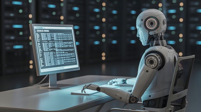Humanoid robot sits at a desk and types on a computer keyboard artificial intelligence technology