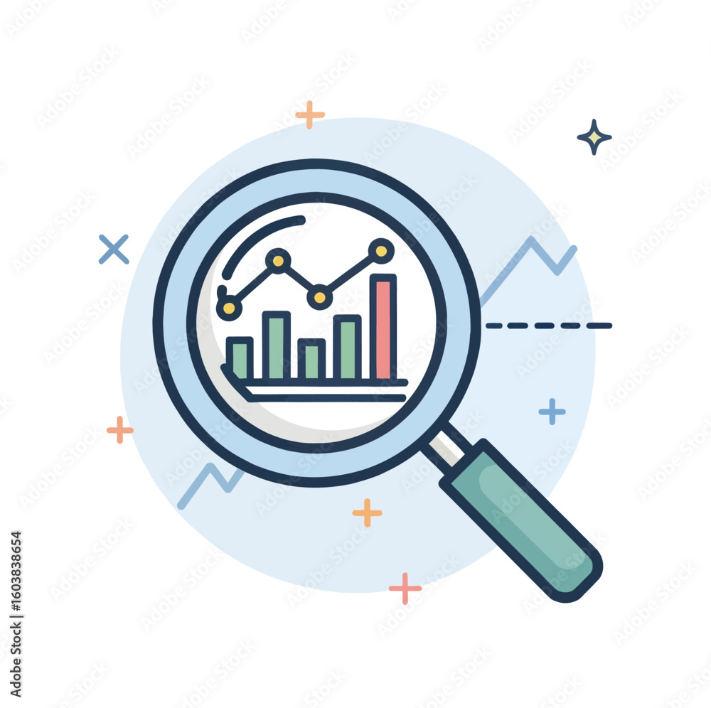 Poster magnifying glass over bar chart and line graph data
