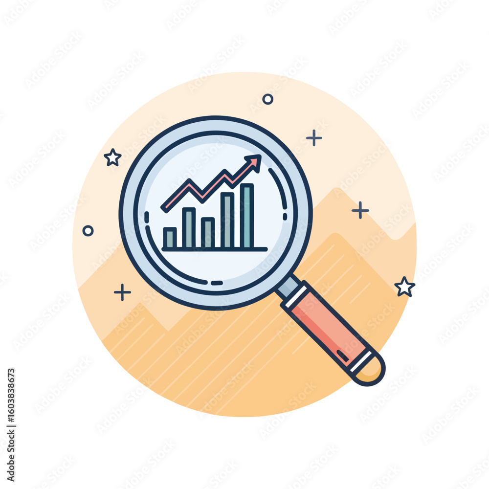 Poster magnifying glass over rising bar graph with arrow data