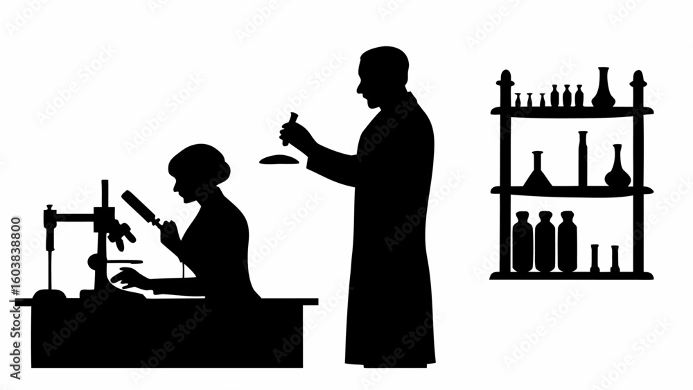 Poster silhouette of two scientists in a lab with equipment and shelf of bottles and flasks in black and wh