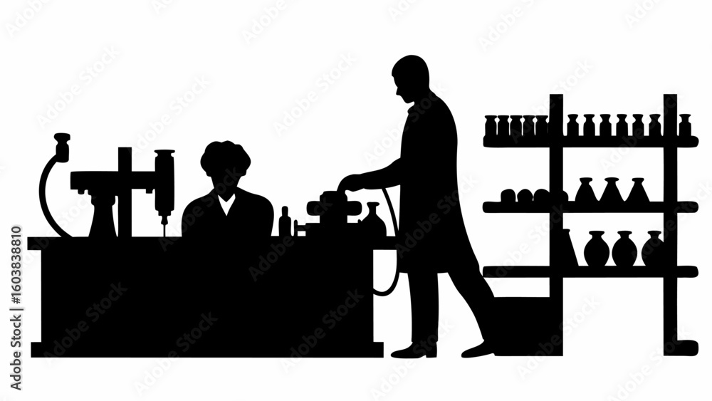 Aufkleber silhouette of two scientists working in a lab with equipment and shelves filled with bottles and bea