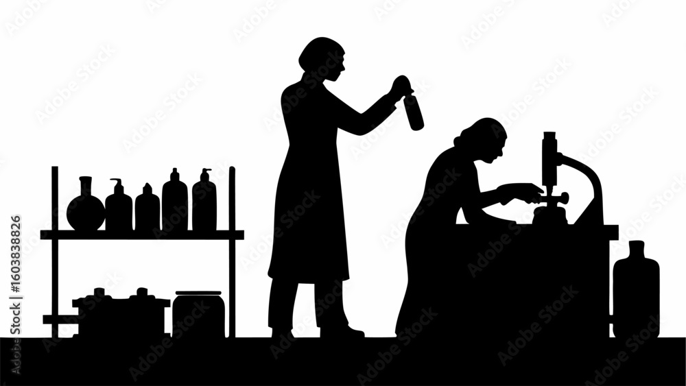 Poster silhouette of two scientists working in a lab with equipment and bottles on a shelf in monochrome st