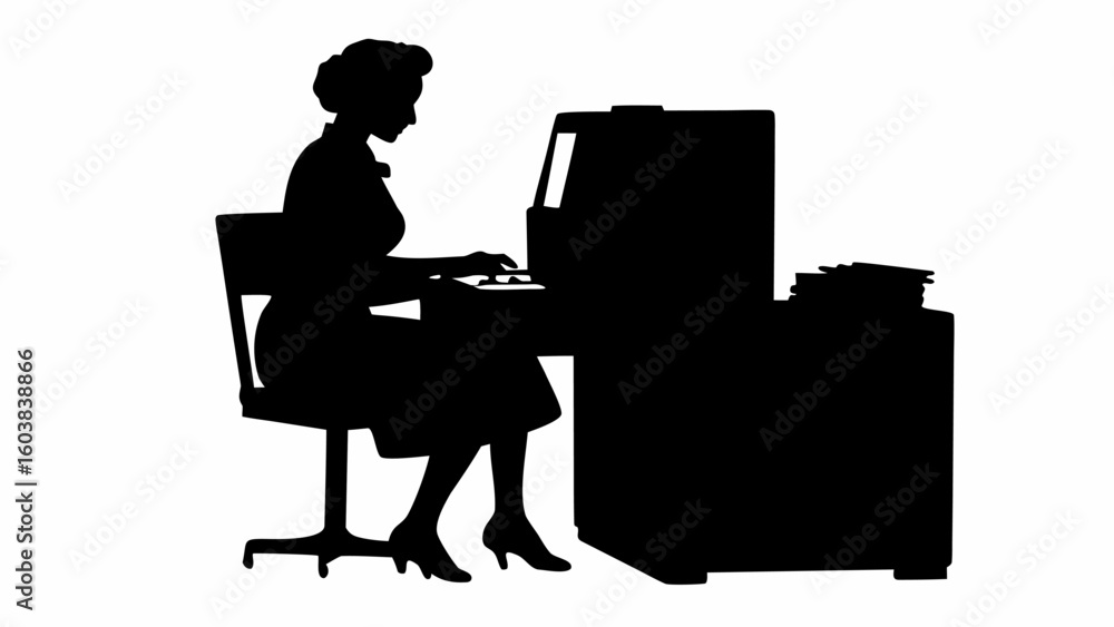 Poster silhouette of a woman sitting at a desk typing on an old computer with a stack of papers nearby with