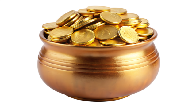 set of golden coins in gold pot isolated on white background PNG, AI GENERATED