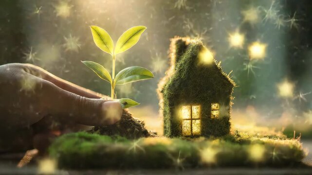 Nachhaltiges Mooshaus mit Keimpflanze auf einer Hand im Sonnenlicht. K&uuml;nstliche Intelligenz KI