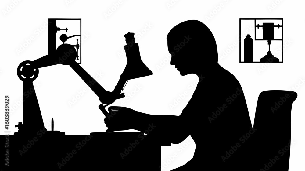 Poster silhouette of a person working at a desk with a lamp and framed objects on the wall in a monochrome 
