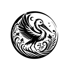 Obraz premium Monochrome pelican illustration in circular frame with floral elements