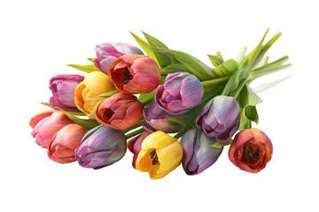 Vibrant bouquet of tulips in various shades of pink, red, orange, yellow, and purple.  Close-up view of blossoms and stems