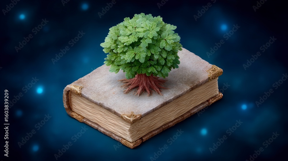 Poster ancient book with a lush green tree growing from its pages set against a dark bokeh filled backgroun
