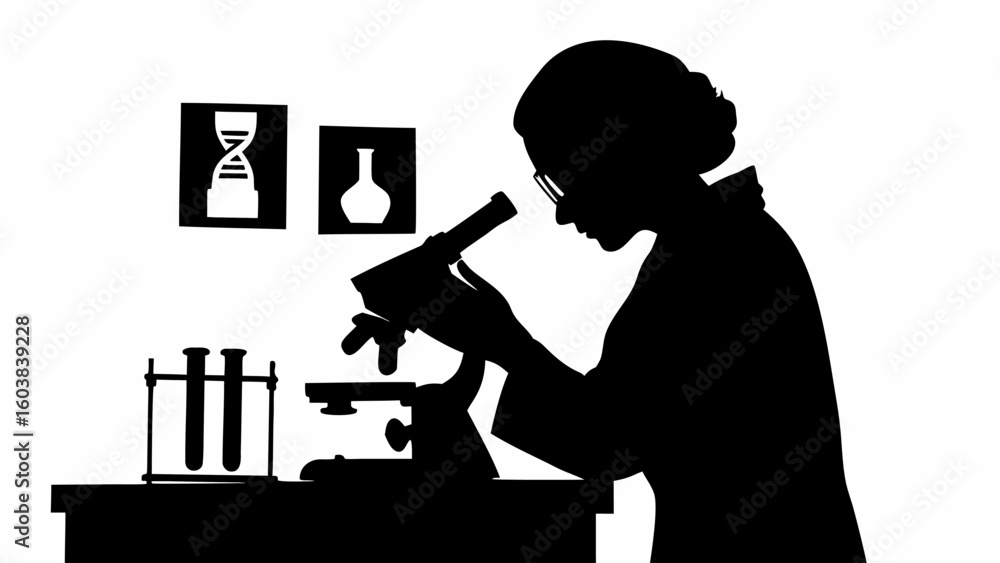 Poster silhouette of scientist using microscope with dna flask and test tubes in a lab setting shown
