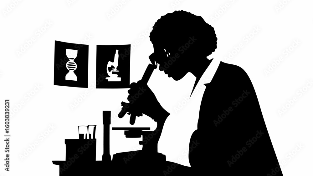Poster silhouette of a scientist using a microscope with dna and microscope posters on the wall in black an