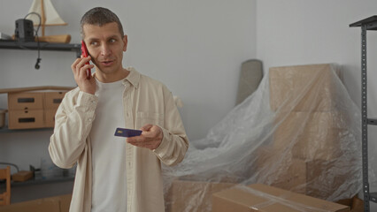 Man talking on phone with credit card in hand surrounded by moving boxes in new apartment living...