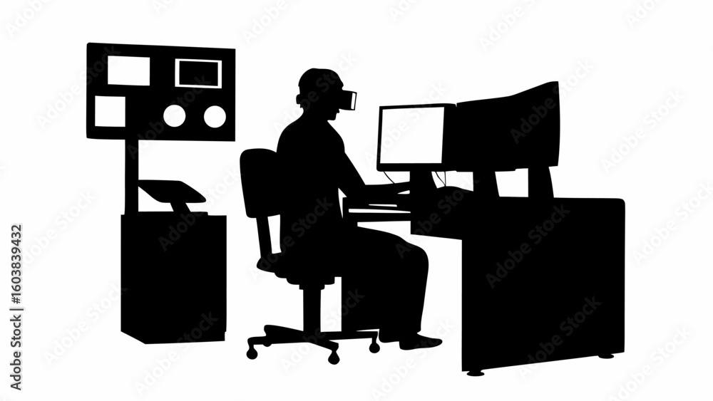 Aufkleber silhouette of a person wearing vr headset sitting at a desk with computers and control panel setup