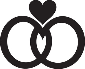 Vector Black Wedding Rings with Diamond and Heart Icon in Clean Graphic Style on White Background