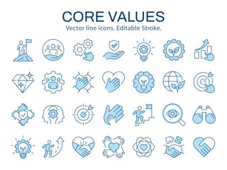 Core value icons such as trust, handshake, company, mission and more. illustration isolated on white. Editable stroke.