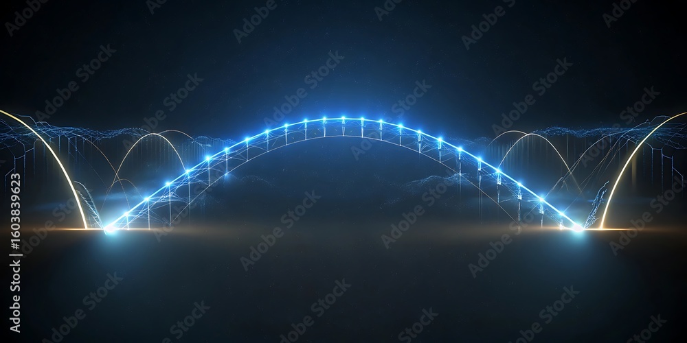 Poster abstract glowing blue particle bridge connecting two points in a dark starry expanse.