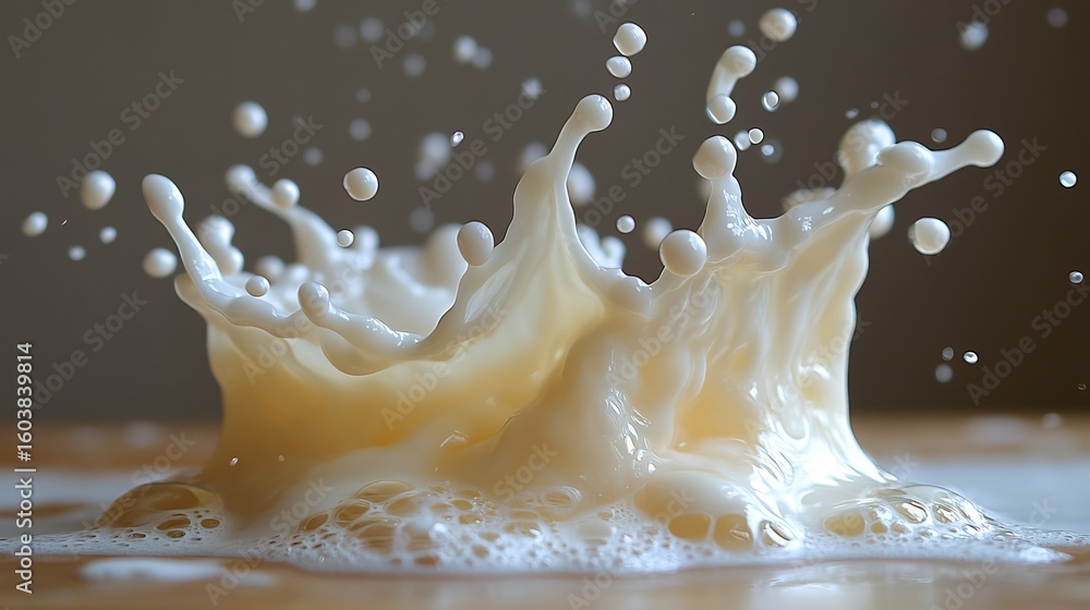 Poster dynamic high-speed macro shot of a rich, creamy liquid splash creating intricate crown shapes and ai