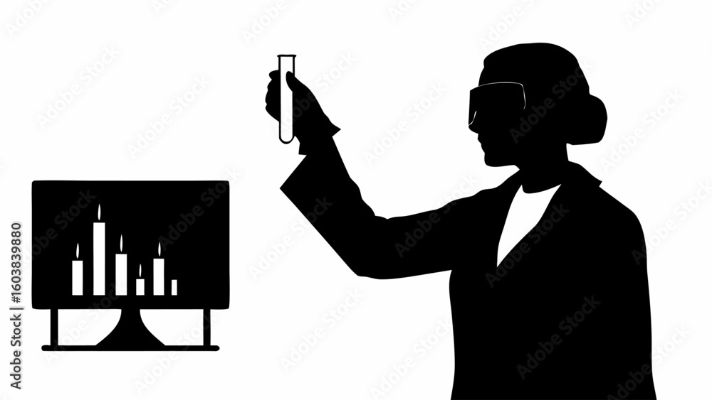 Poster silhouette of a scientist holding a test tube with a monitor displaying bar graphs in the background