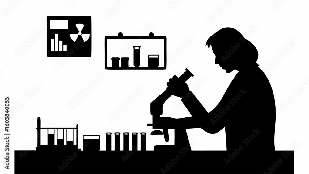 Poster silhouette of a scientist using a microscope in a laboratory with test tubes and scientific equipmen