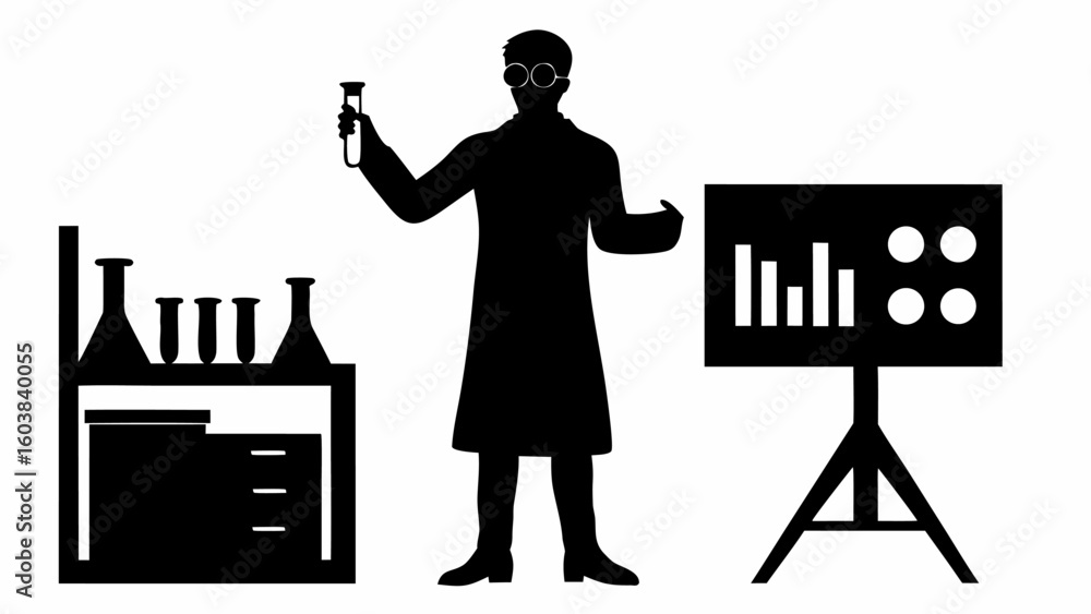 Poster silhouette of scientist in lab coat holding test tube next to shelf and presentation board with data