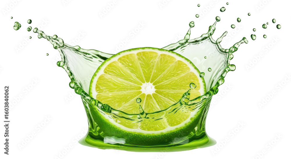 Poster lime slice splashing in green liquid isolated on transparent background