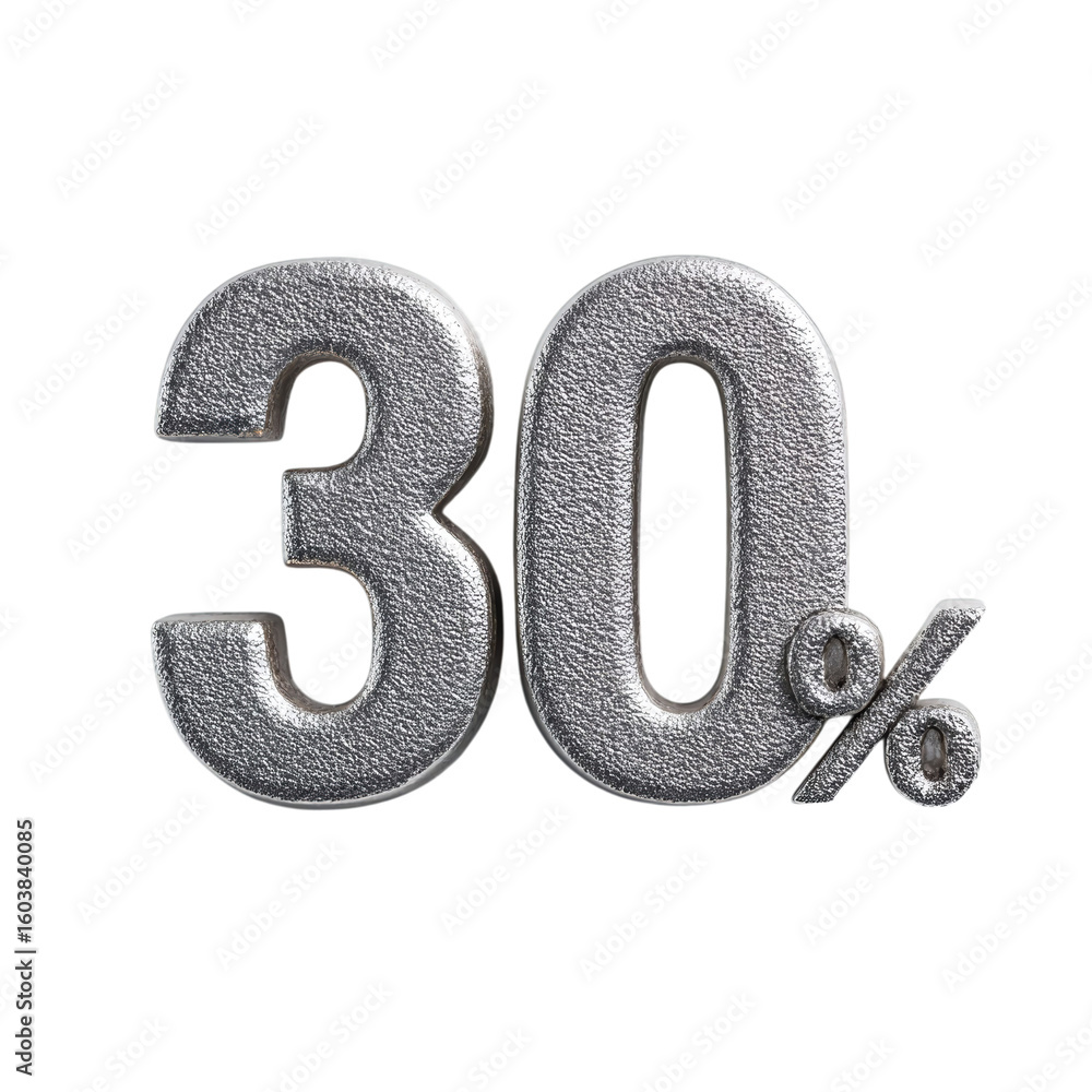 Poster a shiny, metallic representation of '30%' symbolizing a discount or completion status, featuring a t