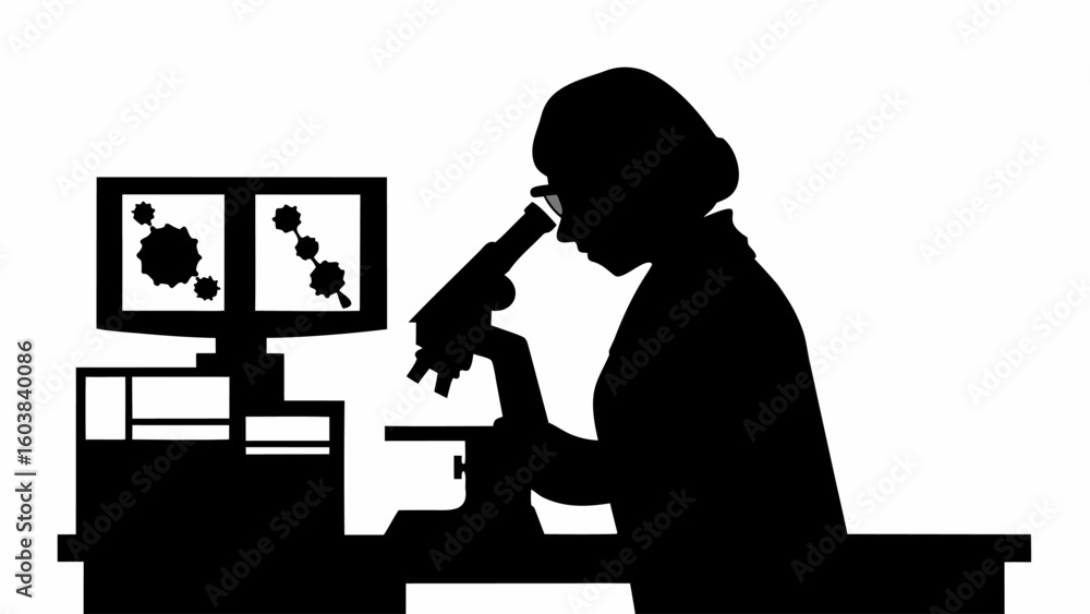 Poster silhouette of a scientist using a microscope next to a computer displaying molecule structures in la