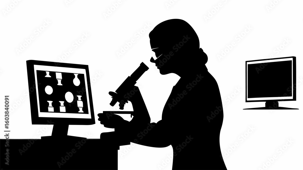 Poster silhouette of a scientist using a microscope with computer screens in a laboratory setting shown in 