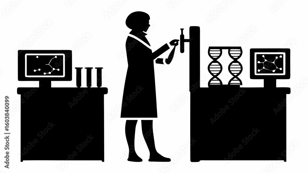 Poster silhouette of scientist working in lab with computer dna models and test tubes on tables in black an