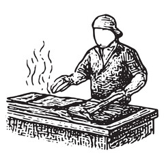 Vintage Black and White Chef Cooking on Grill Illustration