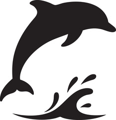 Vector Dolphin Silhouette Leaping from Stylized Waves with Minimalist Black and White Design