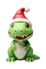 Fototapeta premium Cute green dinosaur in a festive Santa hat. Christmas holiday cartoon character. Funny reptile on transparent background for greeting card.