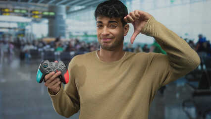Man grips controller and shows dislike in airport as young hispanic guy lifts gamepad at terminal...