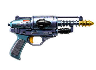Futuristic silver and black toy ray gun isolated on transparent background